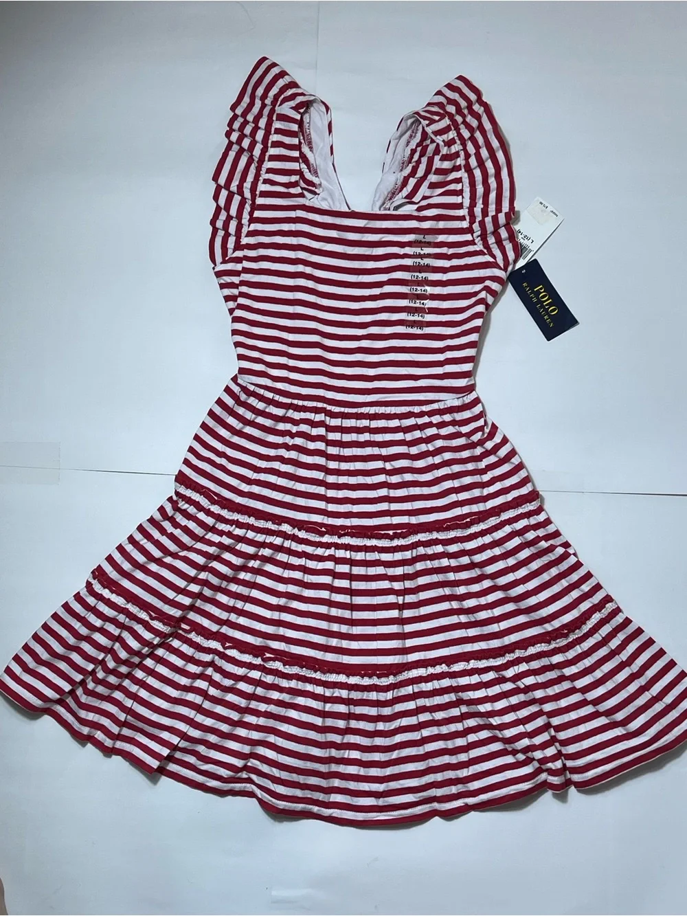 Polo by Ralph Lauren Girls Red & White Striped Ruffle Strap Tiered Dress Size L
